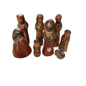 Vintage 8 Piece  Handcrafted Primitive Tonala Nativity Figurine Folk Art  Pieces